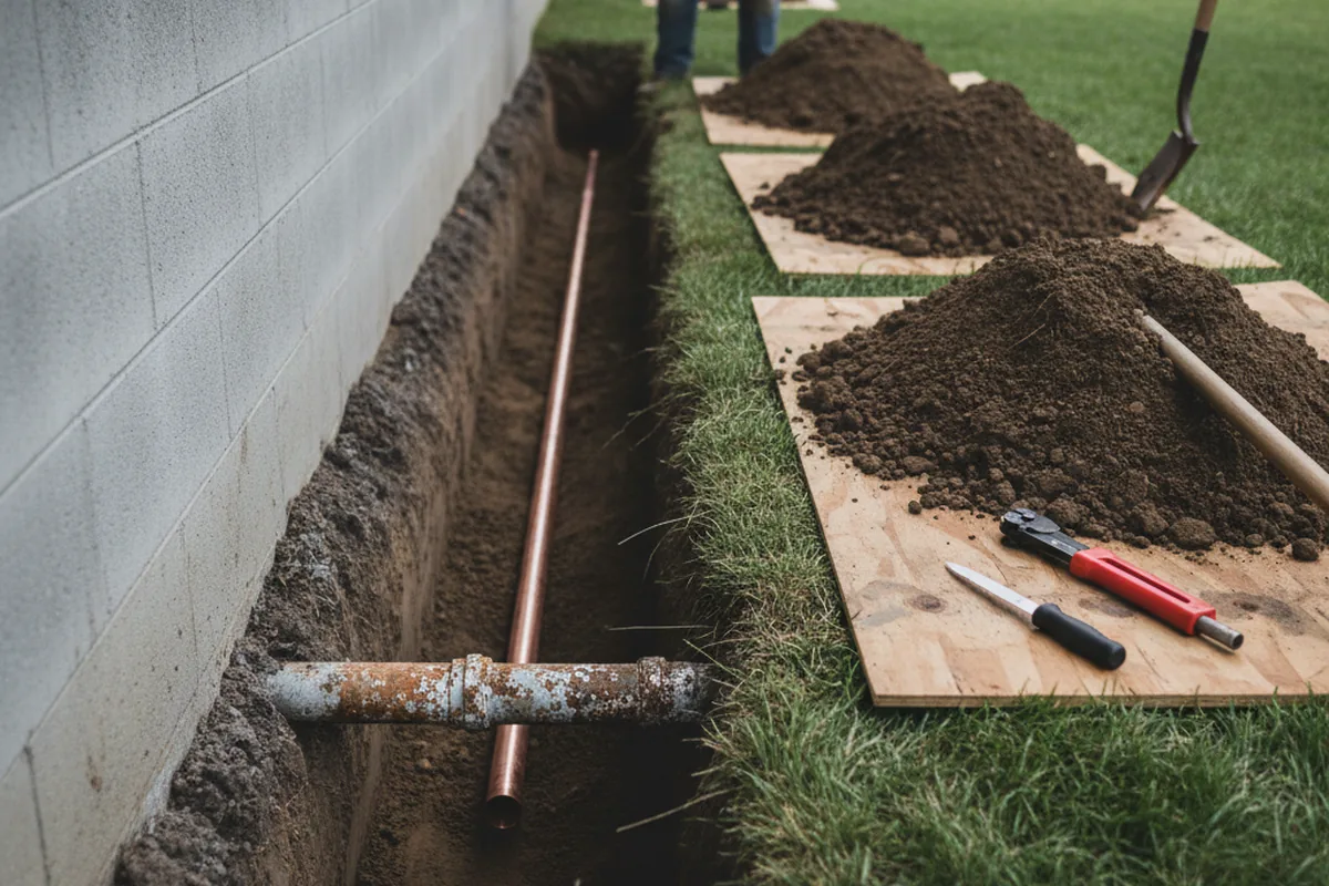 Excavated water line trench during Sewer Line Repair in Mifflinburg
